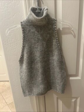 Zara Gray Sleeveless Turtleneck Sweater Vest with Beaded Trim